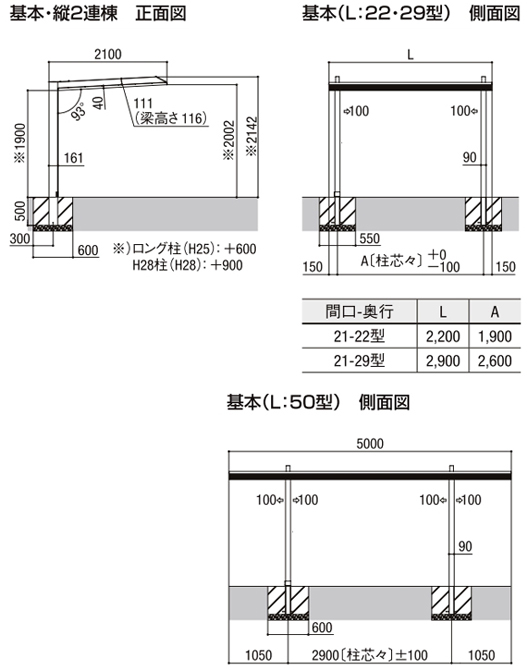 カーポートSCミニ　ロング柱（H25）　基本　21-29型　