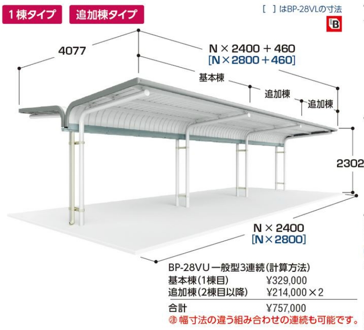 イナバ　片支持柱・背中合わせ 追加棟(2棟目以降) 基礎(埋め込み方式)　BP-24VUL